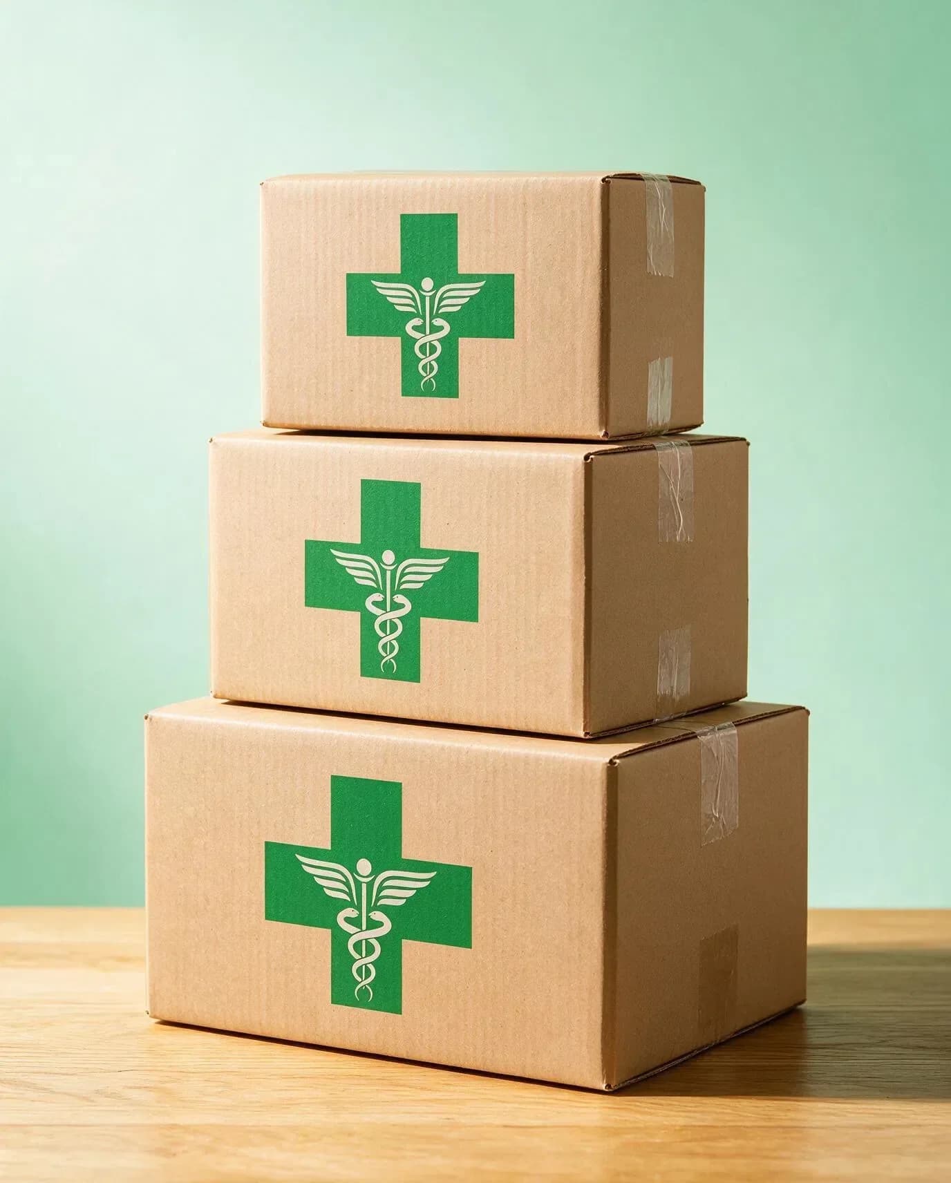 Three cardboard boxes stacked on a wooden table, each printed with the Pure Health Compounding green cross
