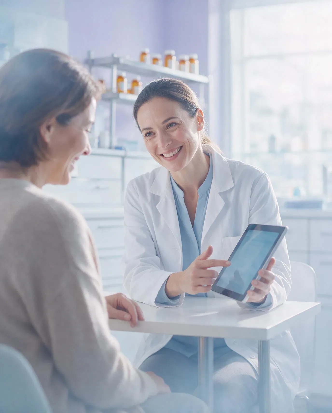 A smiling pharmacist in a white coat points to a tablet while talking with a person across a small table, with shelves of amber bottles behind her