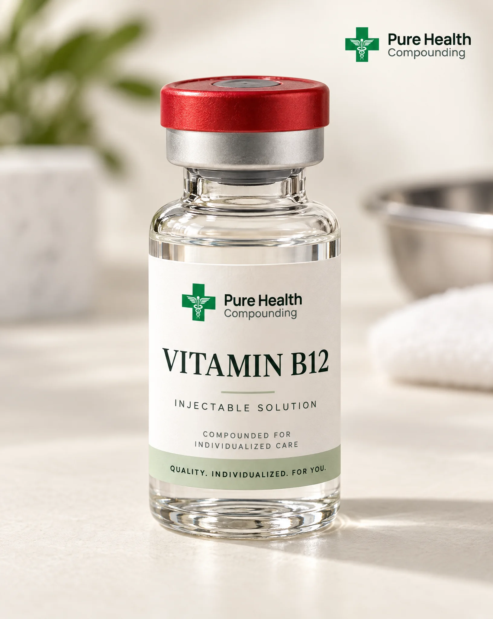 A glass vial with a Pure Health Compounding label reading B12 Injection, photographed on a light surface