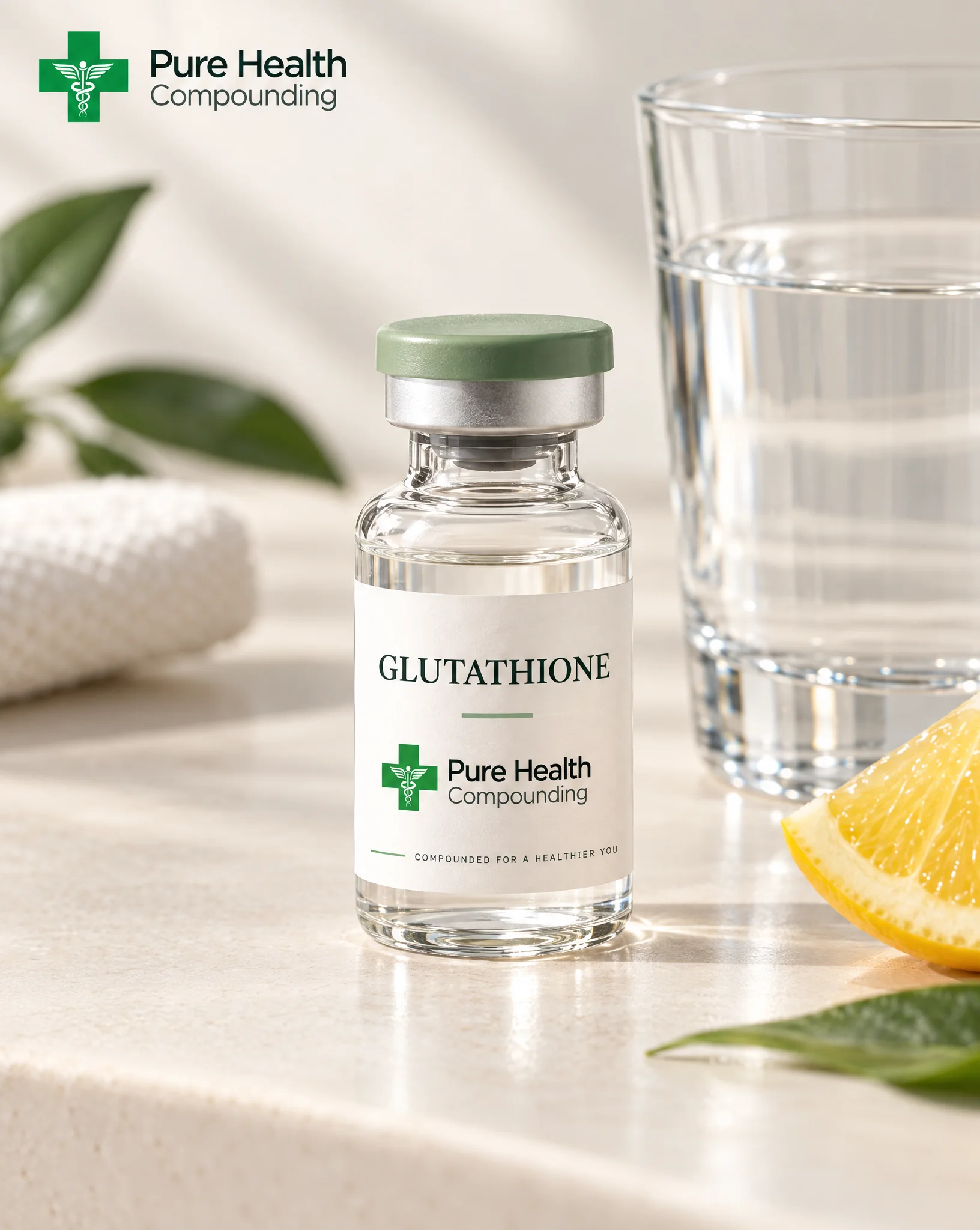 A glass vial with a Pure Health Compounding label reading Glutathione, photographed on a light surface