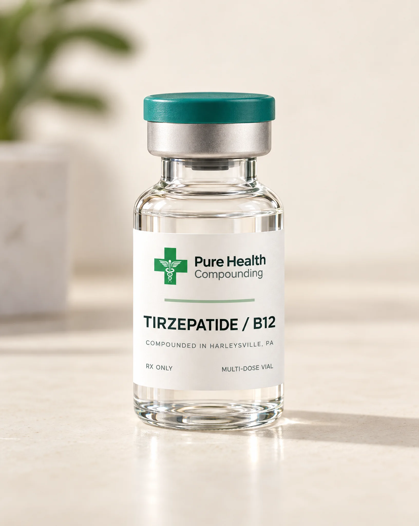 A glass vial with a Pure Health Compounding label reading Tirzepatide / B12, photographed on a light surface