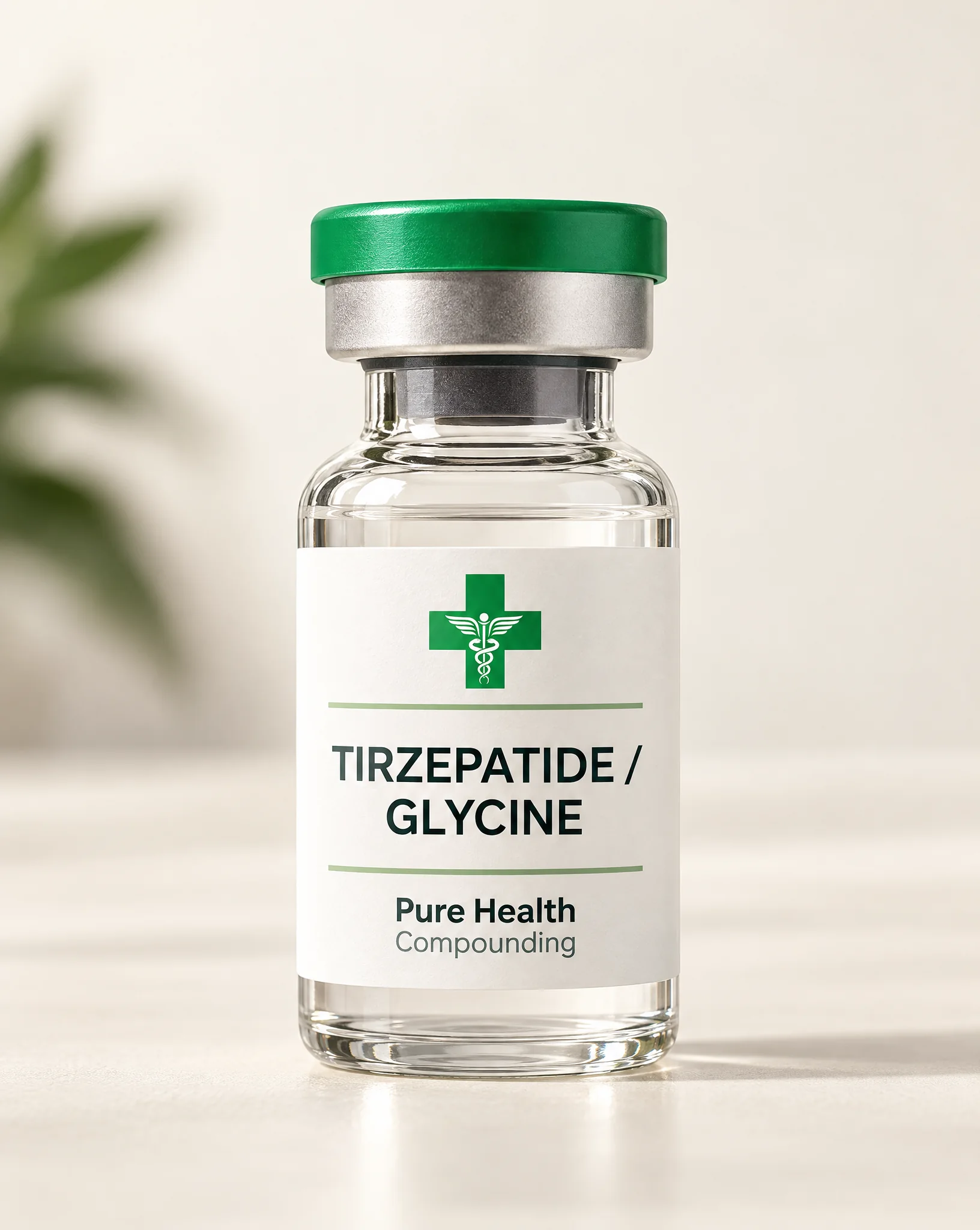 A glass vial with a Pure Health Compounding label reading Tirzepatide / Glycine, photographed on a light surface